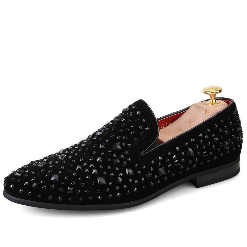Handmade Black Suede Pigskin Loafers with Rhinestones