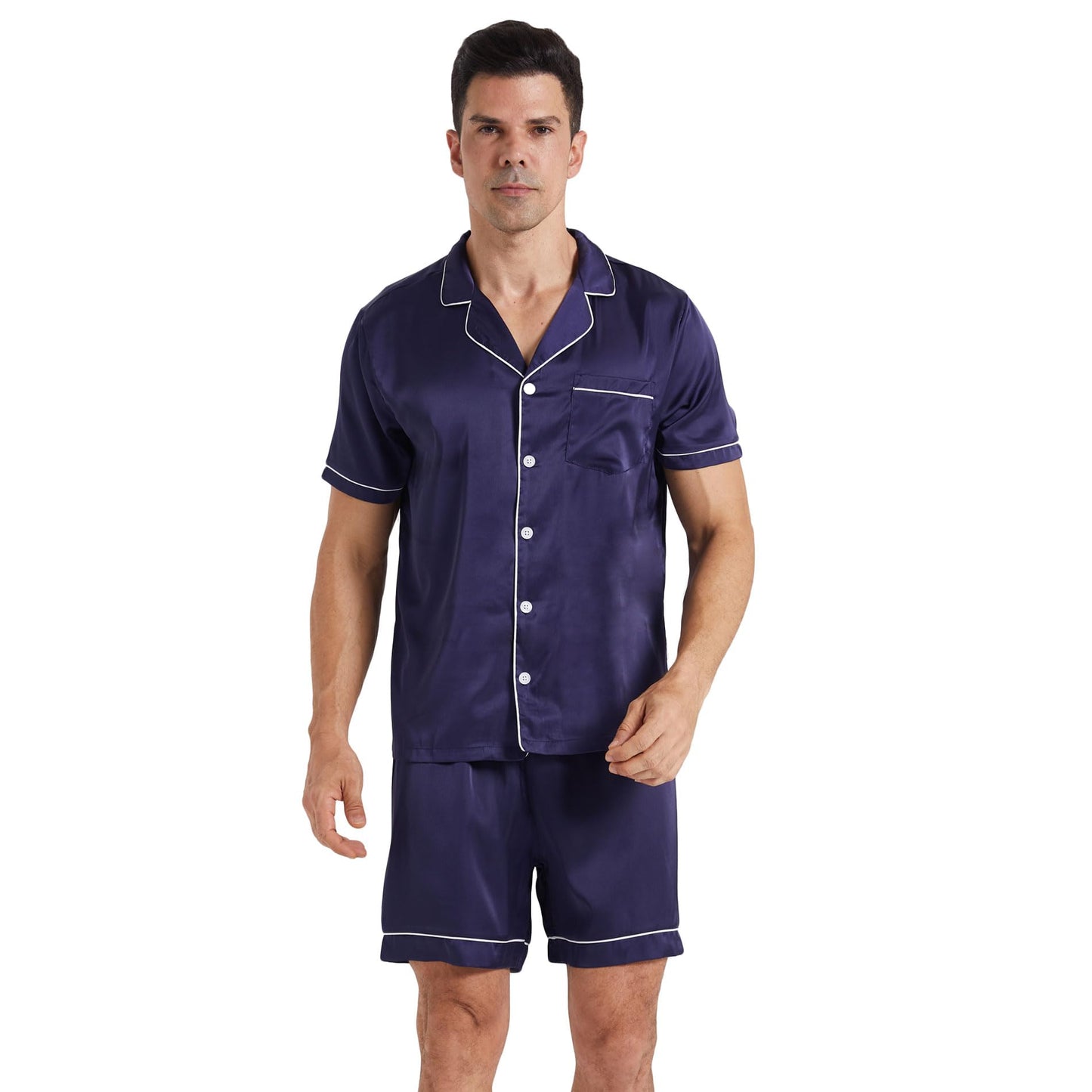 LANBAOSI Mens Satin Pajamas Set Shorts Summer Silk Button Down PJ Short Sleeve Shirt Tops Bottoms Loungewear Navy Blue