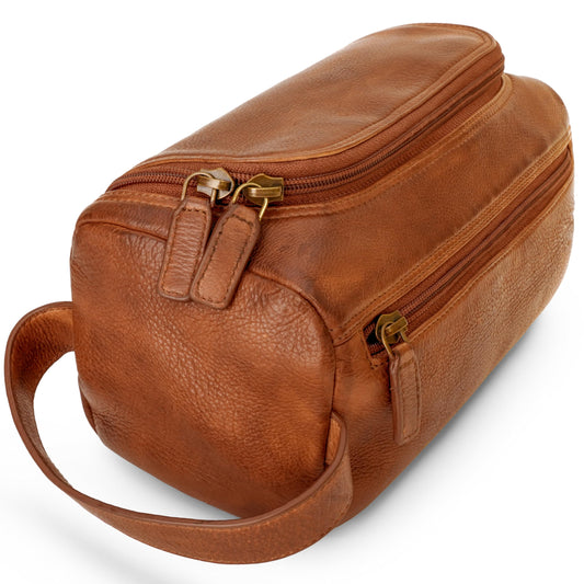 LUXEORIA Premium Handmade Leather Toiletry Bags for Men and Women Genuine Leather Dopp Kit and Shaving Bag for Men Travel Cosmetic Bag for Womens and Mens Retro - Cognac - Overflow Supply