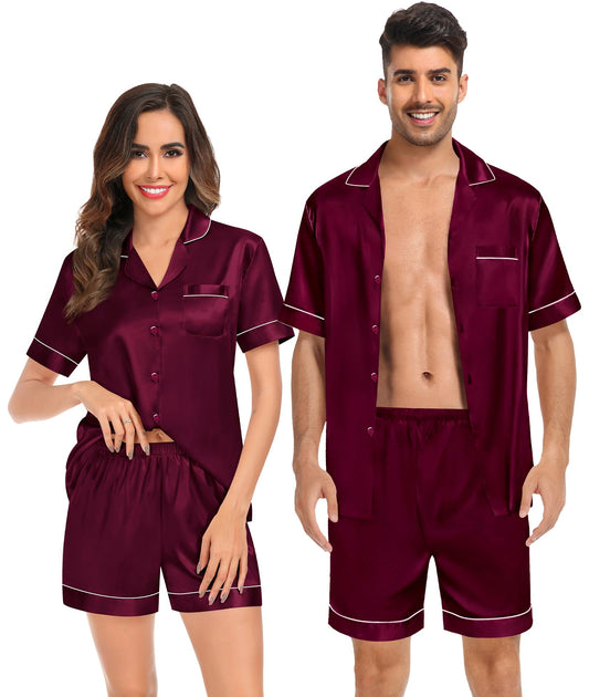 SWOMOG Couple Matching Pajamas Satin Pj Set WomenS Loungewear Mens Sleepwear Button Up Pajamas Sleep Shorts Summer Lounge Sets Dark Wine Red - Overflow Supply