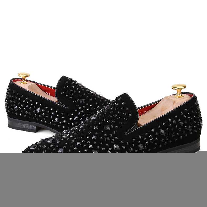 Handmade Black Suede Pigskin Loafers with Rhinestones