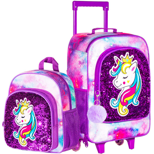 TXHVO 2Pcs Kids Suitcase 18" Girls Carry on Luggage With Wheels Unicorn Suitcases with toddler Backpack(Purple) - Overflow Supply