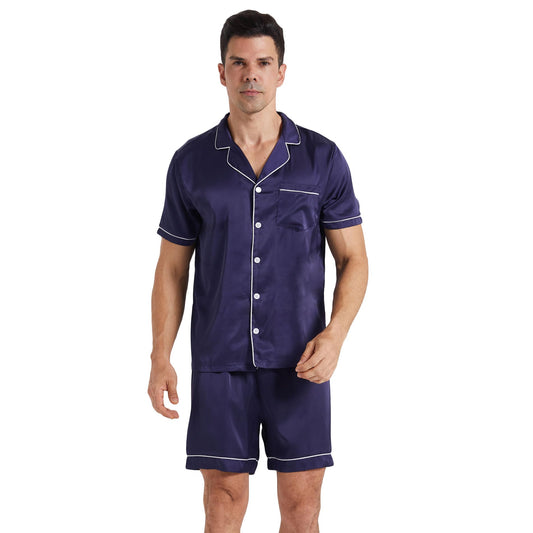 LANBAOSI Mens Satin Pajamas Set Shorts Summer Silk Button Down PJ Short Sleeve Shirt Tops Bottoms Loungewear Navy Blue - Overflow Supply