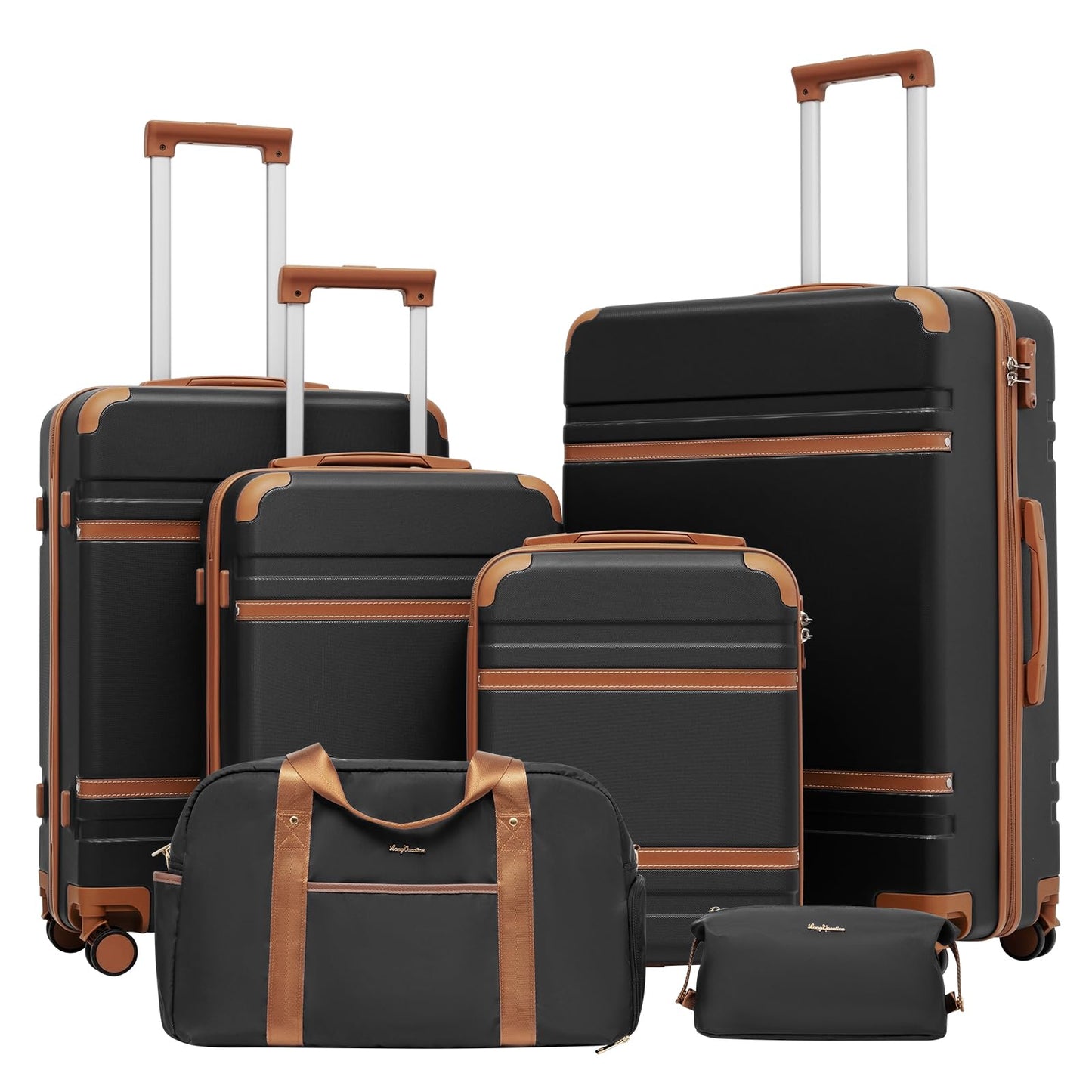 LONG VACATION Luggage Set 4 Piece Luggage ABS Carry on Suitcase Hardside Luggage with TSA Lock Spinner Wheels Travel Bag(Black Brown 6 piece set)